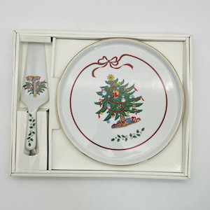 Vintage Porcelain Christmas Cake Plate with Server, New in Box - Made in Japan