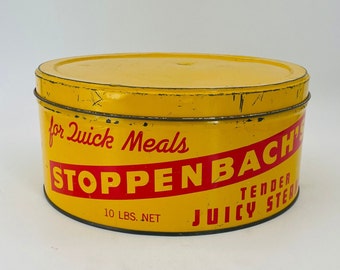 Stoppenbach's Bright Yellow and Red Tender Juicy Steak Tin - Stoppenbach Sausage Co., Jefferson, Wisconsin/Large Vintage Tin