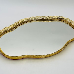 Lovely Gold Metal Filigree Scalloped Mirrored Vanity Tray/Perfume Tray - Wall Mirror