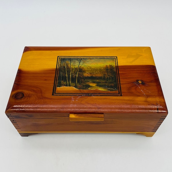 Cedar Wood Autumn Woods Rectangle Keepsake Box with Dovetail Corners/Vintage Jewelry Box, Trinket Box