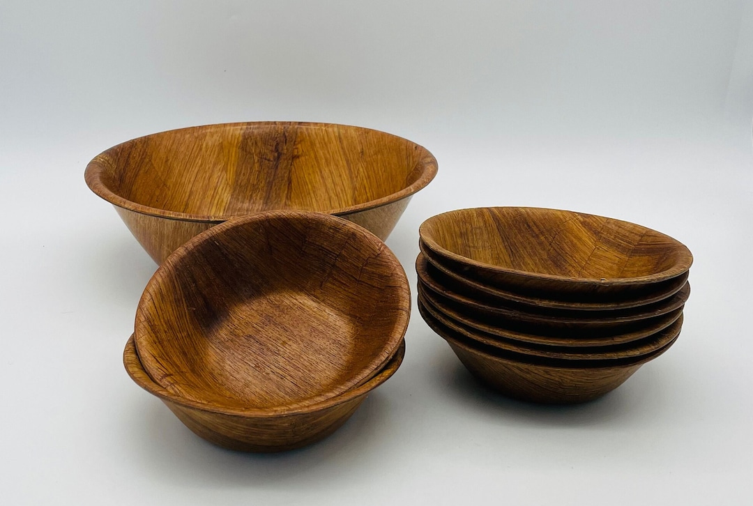 Midcentury Wood Composite Salad Bowl Set One Salad Bowl With 8 Single Serving Bowls Etsy