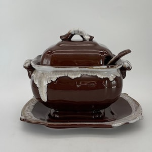 Brown with White Drip Glaze Soup Tureen, Plate and Ladle/Made in Japan