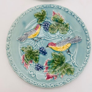 Antique Zell Pottery 7.75" Plates, Set of 2/Birds and Grapes Design/Made in Germany