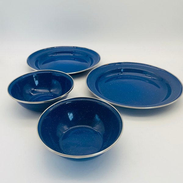 Blue Speckle Silver Rim Enamel Dinner Plates and Soup/Cereal Bowls, 4 Pcs.