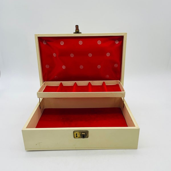 Midcentury Leatherette and Wood Jewelry Box/Cream, Gold Accents