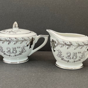 Lefton Silver 25th Anniversary Hand Painted Creamer and Sugar Bowl Set #280N