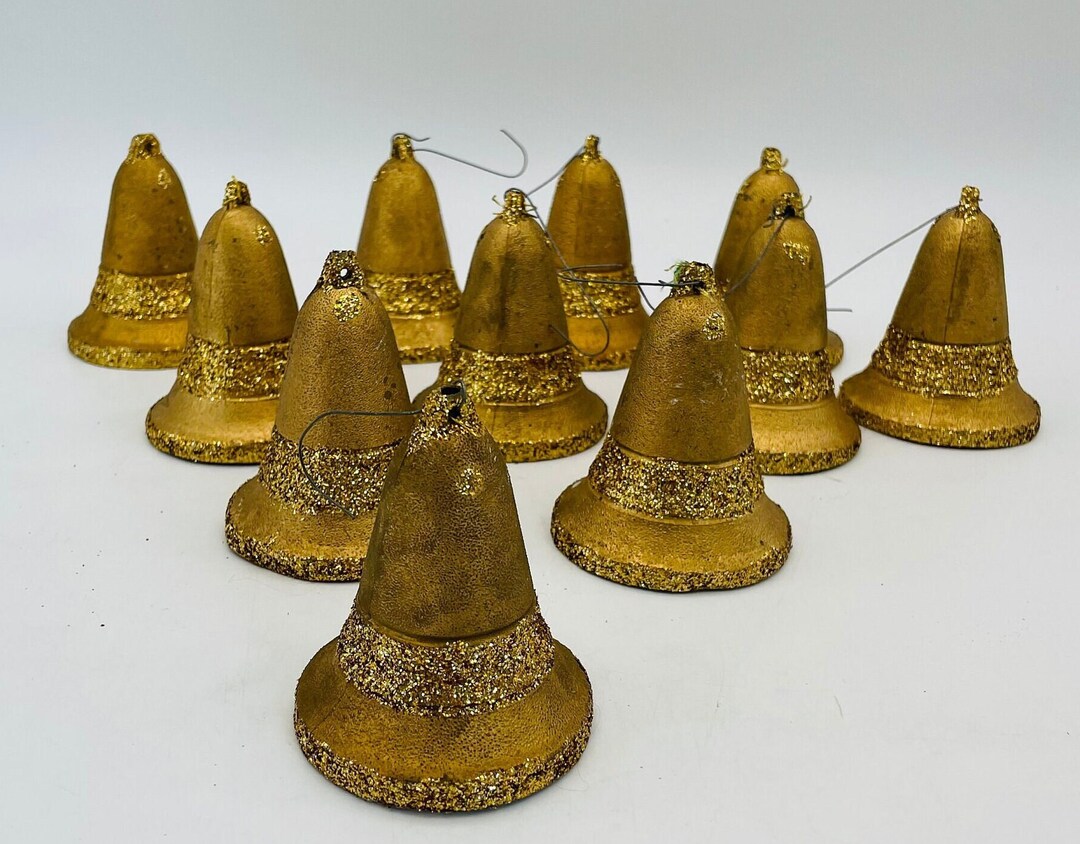 Midcentury Gold Glitter Paper Mache Bell Christmas Ornaments, Lot of 11