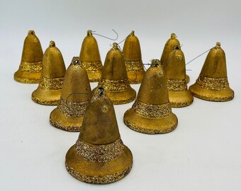 Midcentury Gold Glitter Paper Mache Bell Christmas Ornaments, Lot of 11 - Made in Japan