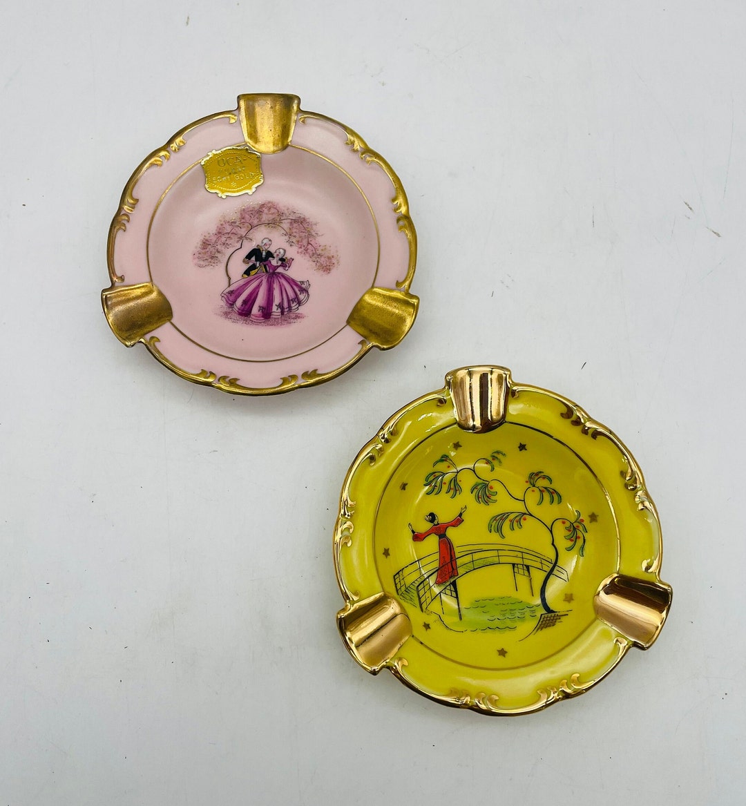 budspool GOLD BRASS ASHTRAY 新品未使用　舐達磨⑨ OCA Kronach Bavaria - Kunst Echt Gold Porcelain Hand Painted