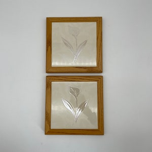 Pair of Wood Framed Calla Lily Ceramic Tile Wall Hanging/Trivet - Vintage Incepa Tile, Brazil