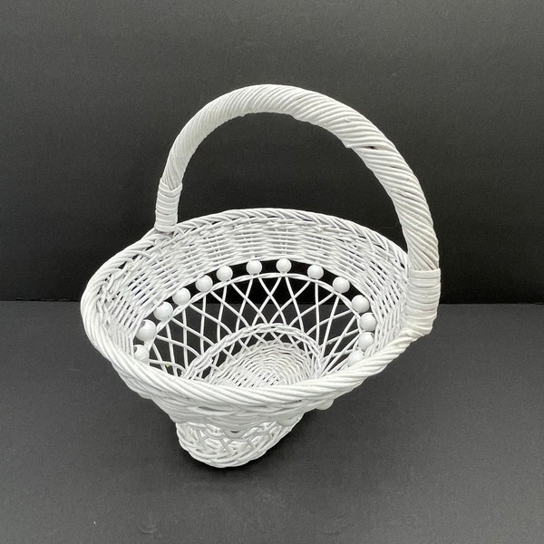 Vintage White Wicker and Wood Bead Basket