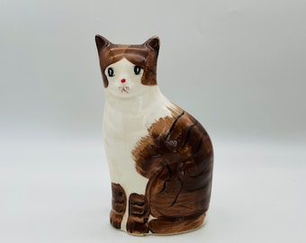 Hand Painted Brown and White Sitting Cat Bank/Vintage Ceramic Kitty Bank