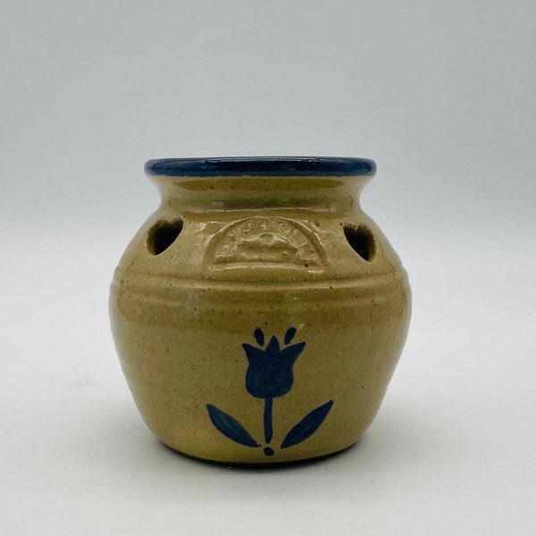 Tulip Beige and Blue Stoneware Pot/Vintage Pottery Planter/Country, Farmhouse Decor