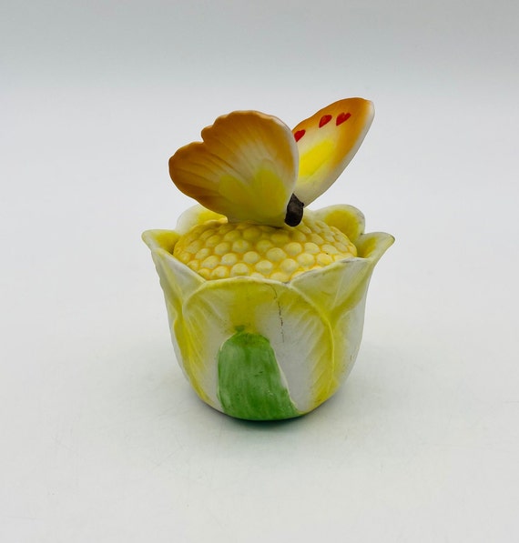 Lefton China Hand Painted Butterfly and Tulip Tri… - image 1