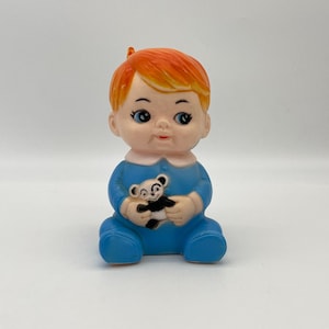 Baby Boy holding Teddy Bear Squeek Toy/Mid Century 1967 Uneeda Doll Co./Vintage Baby Toy
