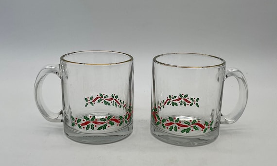 Holly and Berry Large 12 Oz. Clear Glass Christmas Mugs With Gold Rim, Set  of 2/made in USA 