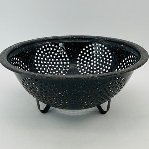 Midcentury Black and White Speckle Footed  Enamel Colander