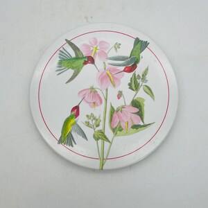 Op de afbeelding: Een wit keramiek bord met een rode rand heeft een bloemmotief met drie groene kolibries met rode snavels en roze bloemen.
