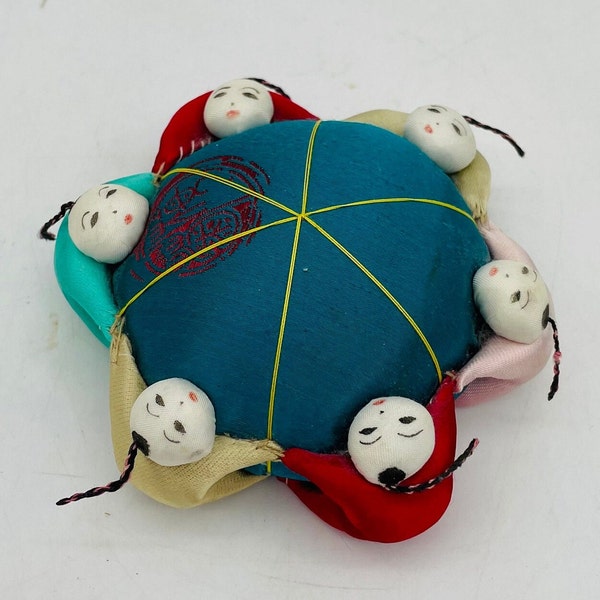 Cute Asian Silk small 6 Doll Pin Cushion/Midcentury Pin Cushion