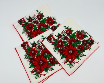 Poinsettia Holiday Cloth Napkins, Set of 3/Vintage Christmas Napkins