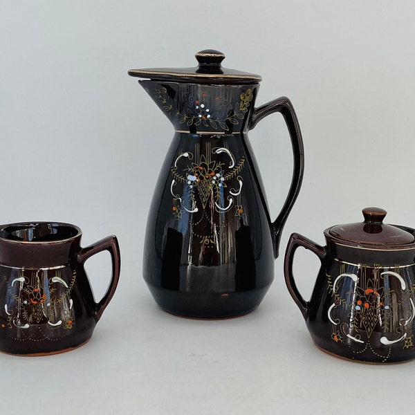 Moriage Redware Coffee/Tea Serving Pot with Creamer and Sugar Bowl