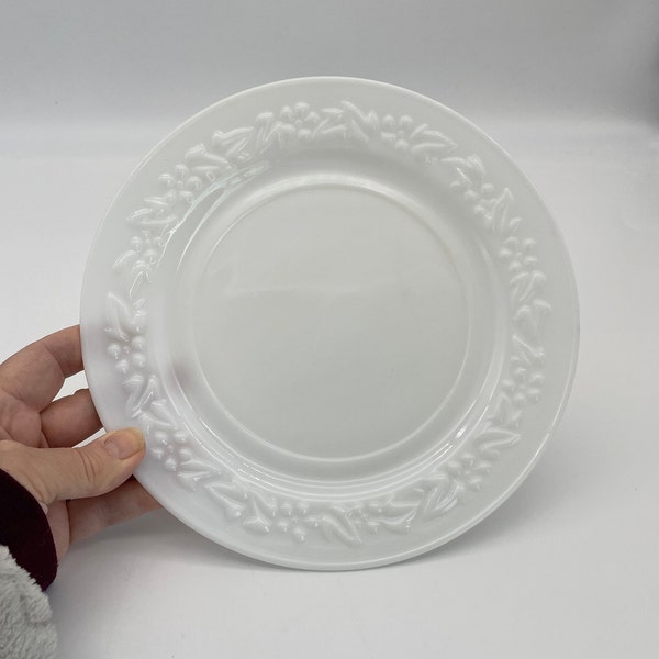 Hazel Atlas 9"  White Milk Glass Dinner Plates, Raised Floral Border (Each Sold Individually)