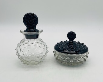Midcentury Hobnail Black and Clear Vanity Dish and Jar
