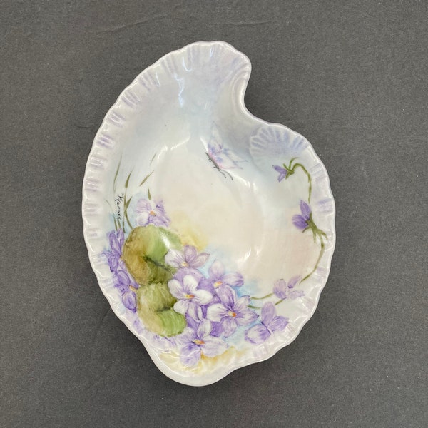 Midcentury Hand Painted Violet Trinket/Soap/Candy Dish - B. Warner, Artist