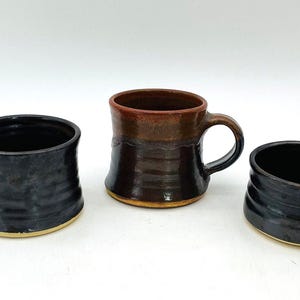 Vintage Handmade Brown Drip Glazed Pottery Mugs, Set of 3