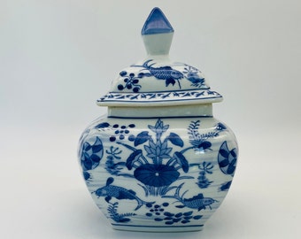 Chinese Koi Fish Chinoiserie Lidded Jar/Vintage Blue and White Decorative Jar