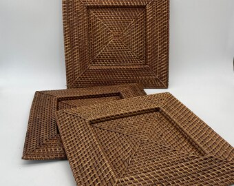 Vintage Square Rattan Charger Plates, Set of 3