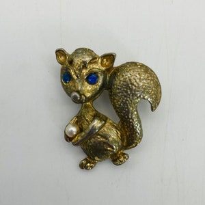 Sweet Squirrel, Rhinestone Eyes, Holding Pearl Gold Tone Brooch