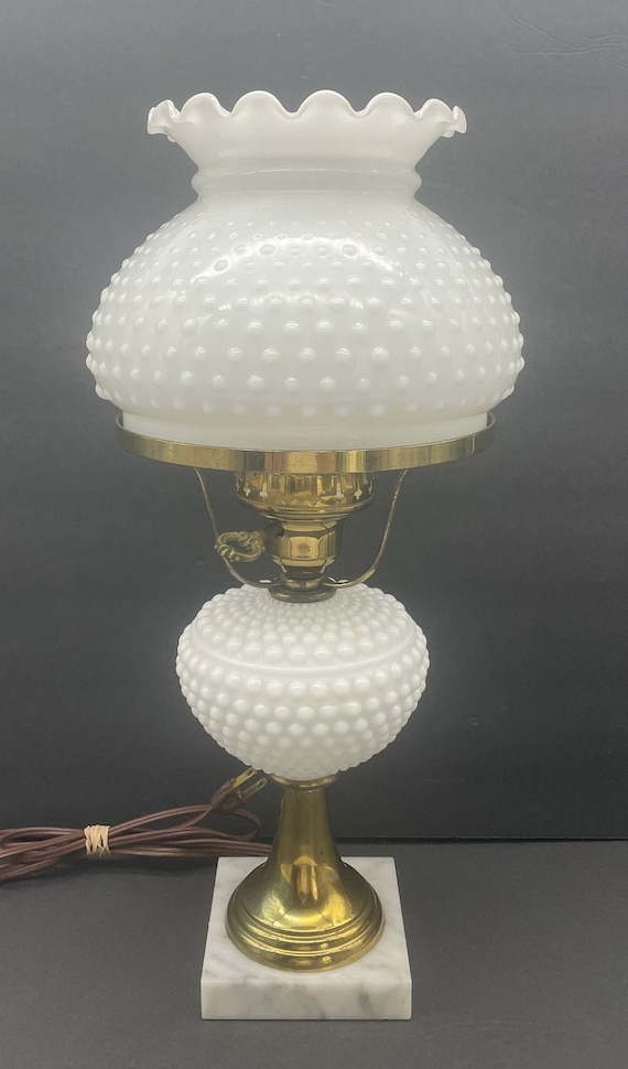 Vintage Hobnail Milk Glass Ruffle Shade Table Lamp With