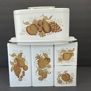 1950&#39;s Ransburg Canister Set and Cake Holder/Midcentury Metal and Plastic Canisters/Cake Holder