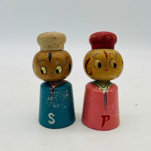 Midcentury Hand Painted Pair of Sailor Salt & Pepper Shakers - Solid Wood - Japan