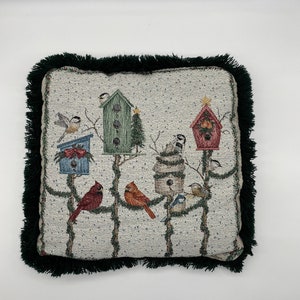 Bird Lover&#39;s Fringed Tapestry Accent Pillow/Vintage Throw Pillow