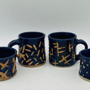 Vintage Handmade Dark Blue and Beige Glazed Pottery Mugs (solid individually)