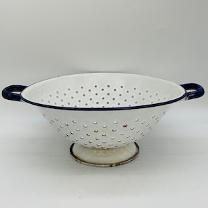 Vintage Enamelware White/Blue Colander