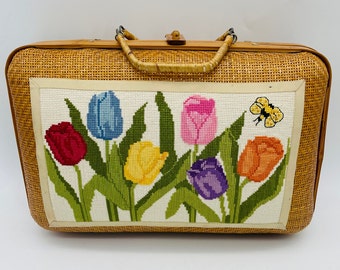 Needlepoint Floral Rattan and Bamboo Large Handbag/Top Handle Bag/Midcentury wicker bag/Double handle handbag