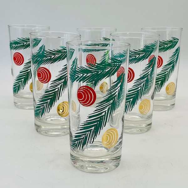 MCM Christmas Ornament/Pine Branch Glass Tumblers/High Ball Glasses, Set of 6 - Midcentury Barware