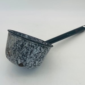 Large Gray Spattered Graniteware Water Dipper, Stew/Soup Ladle