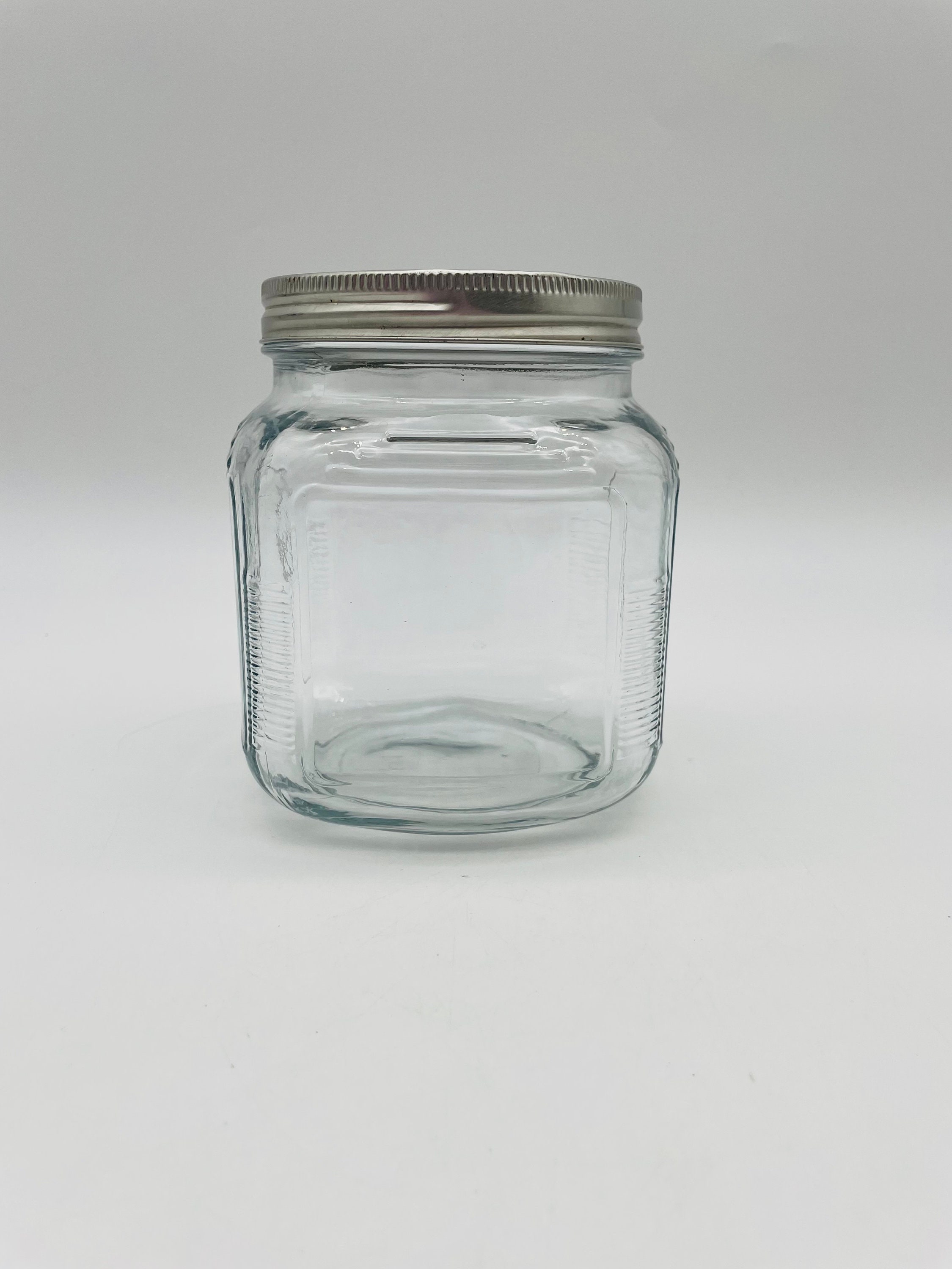Vintage Cross Hash Style Clear Glass Jar 6.5 Tall 4.25 Square Old Metal  Lid