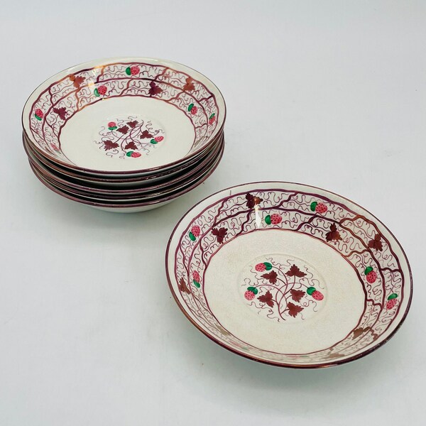 Antique Wedgwood Strawberry Lustre Deep Cup Saucers, Set of 6/Made in England