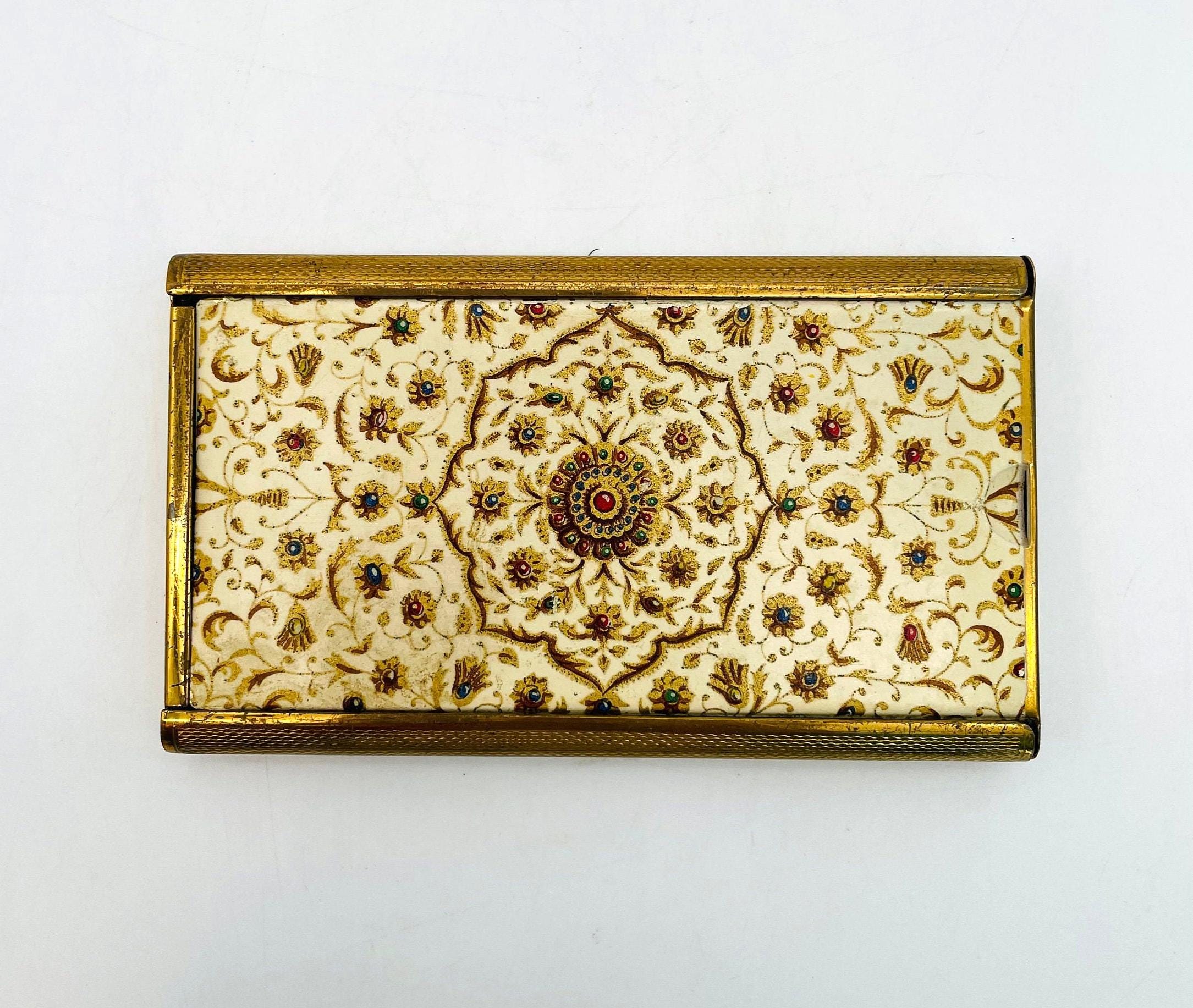 Stratton Floral Gold Metal Folding Brush with Slider Lid/Mid Century Compact Brush/Travel Brush Made in England