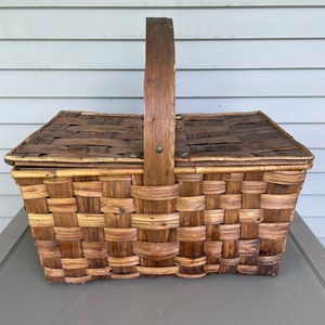 Antique Woven Picnic Basket with Wood Trim