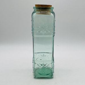 Lovely Embossed 11.25&quot; Green Tint Glass Jar with Cork Stopper - Made in Canada