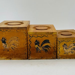 Midcentury Woodpecker Woodware Hand Painted Folk Art Rooster Kitchen Canister Boxes, Set of 3/Made in Japan