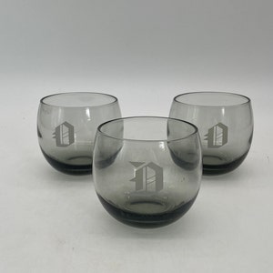 Smoky Gray Monogram &quot;D&quot;  Roly Poly Rocks Glasses/Mid Century Cocktail Glasses, Set of 3