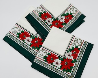 Set of 3 Holiday Poinsettia Cloth Napkins/Vintage Christmas Napkins