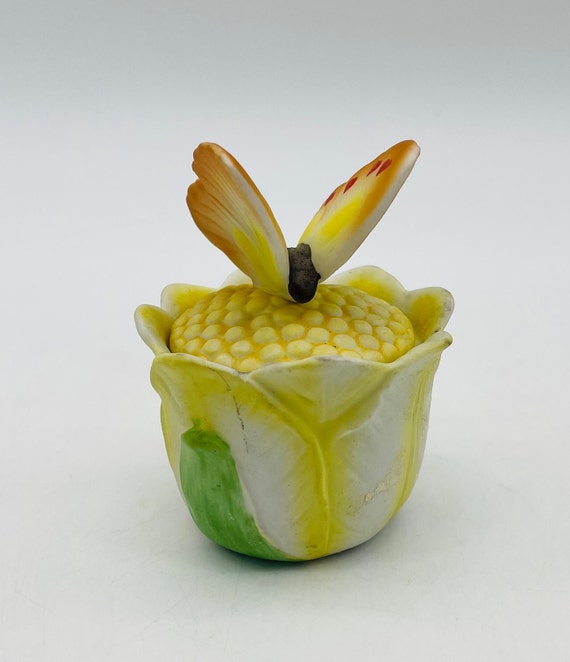 Lefton China Hand Painted Butterfly and Tulip Tri… - image 2